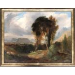 Late 19th/early 20th century oil on canvas, figures in a sublime landscape, 58x75cm