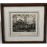 A drypoint etching of the Blue Mosque, Istanbul, 15x18cm, together with one other possible Hagia