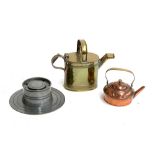 A pewter captstan inkwell, a small copper kettle with brass handle, a small brass watering can,