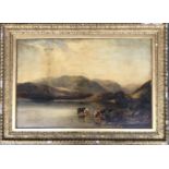 19th century oil on canvas, highland cattle on a loch (af), 60x90cm