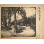 A monochrome print of an avenue of trees, c. 1950, 30x36cm; together with several watercolours