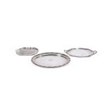 Three electro-plated twin handled trays, to include a large electro-plated oval tray, engraved