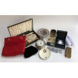 A mixed lot to include cased silver dressing table set (af); plated ware; four Zippo lighters;