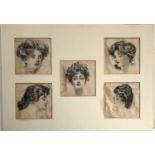 Five Edwardian prints on silk of ladies in the style of Charles Dana Gibson, each approx. 10x10cm (