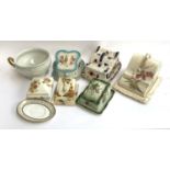 A mixed lot of ceramics to include cheese cloches, Leighton Pottery butter dish, lustre chamber pot,