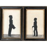 A pair of 19th century silhouettes of gentlemen, one with hat, the other with cane, 23x40cm