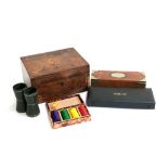 A Victorian rosewood and marquetry box; an Eastern hardwood pen box; leather dice shakers, gaming