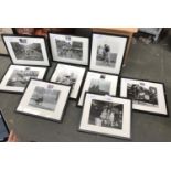 A box of nine framed black and white photographic prints to include Maypole dancing; Evacuees etc