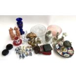 A mixed lot to include cut glass fruit bowls, decanter stoppers, clogs to include Delft, hand