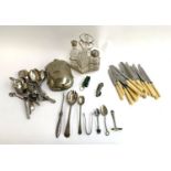 A mixed lot to include silver plated cruet set, hot water bottle, Mappin & Webb bone handled knives,