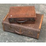 A vintage canvas and wood banded suitcase, 68cmW; together with a leather gents suitcase (af), 47cmW