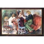 'Rose and Veronica', 20th century oil on canvas, Two figures at a table, one nude, signed Rudolf 77