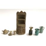 Dolls House Interest – A Studio Pottery miniature dresser, 15cmH, together with goblets, teapot,