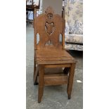 An oak Gothic revival metamorphic library chair/steps, 87cmH as steps