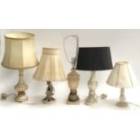 A lot of five various carved soapstone and marble table lamps, the tallest 55cmH including shade