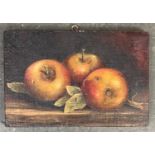 A mixed lot to include a still life on panel of apples, 14.5x22cm, model rosetta stone, vintage