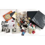 A mixed lot to include postcards, stamps, matchbooks, RAF metal tags, Corinthians figures, badges to