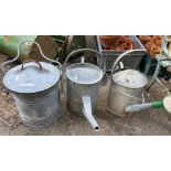 Two 2 gallon galvanised watering cans; together with a galvanised ash bucket