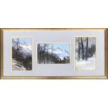 Early 20th century, three mountain views, oil on board, mounted together, each 22x13cm