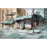 20th century watercolour, South East Asian street corner, signed E. Ryan, 37x56cm