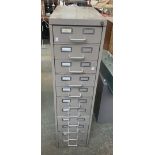 A vintage eleven drawer industrial cabinet, containing various tools, gauges etc, 34x62x133cmH