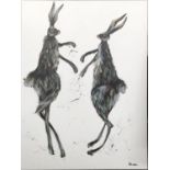 Elaine Johnstone, Boxing Hares, oil on canvas, signed, 121x91cm