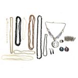 A mixed lot of jewellery to include Modernist style necklace, French jet glass bead necklace; faux