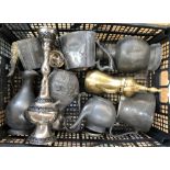 Two boxes of mixed pewter and plated wares, comprising tankards, teapots, jugs etc