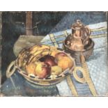 Arnold Auerbach (1898-1978), an early 20th century still life of fruit and a copper teapot (af), oil
