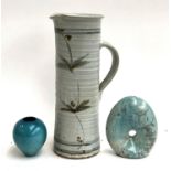 A very large Bryan Newman Aller Pottery jug, 37.5cmH, together with two Raku pottery pieces
