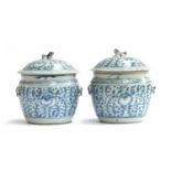 A pair of Chinese blue and white lidded wine jars, the lids surmounted by foo dogs, each 22.5cm high