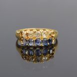 A late Victorian 18ct gold sapphire and old cut diamond two row ring, approx. 0.6ct of diamonds