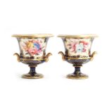A pair of 19th century twin handled porcelain urns, each with hand painted floral panel on a