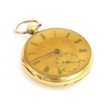 An 18ct gold open face key wind pocket watch, the engine turned dial with Roman numerals and