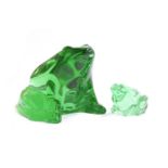 Two Baccarat green glass frogs, the larger 7.5cm high, the smaller 3cm high, each with acid mark