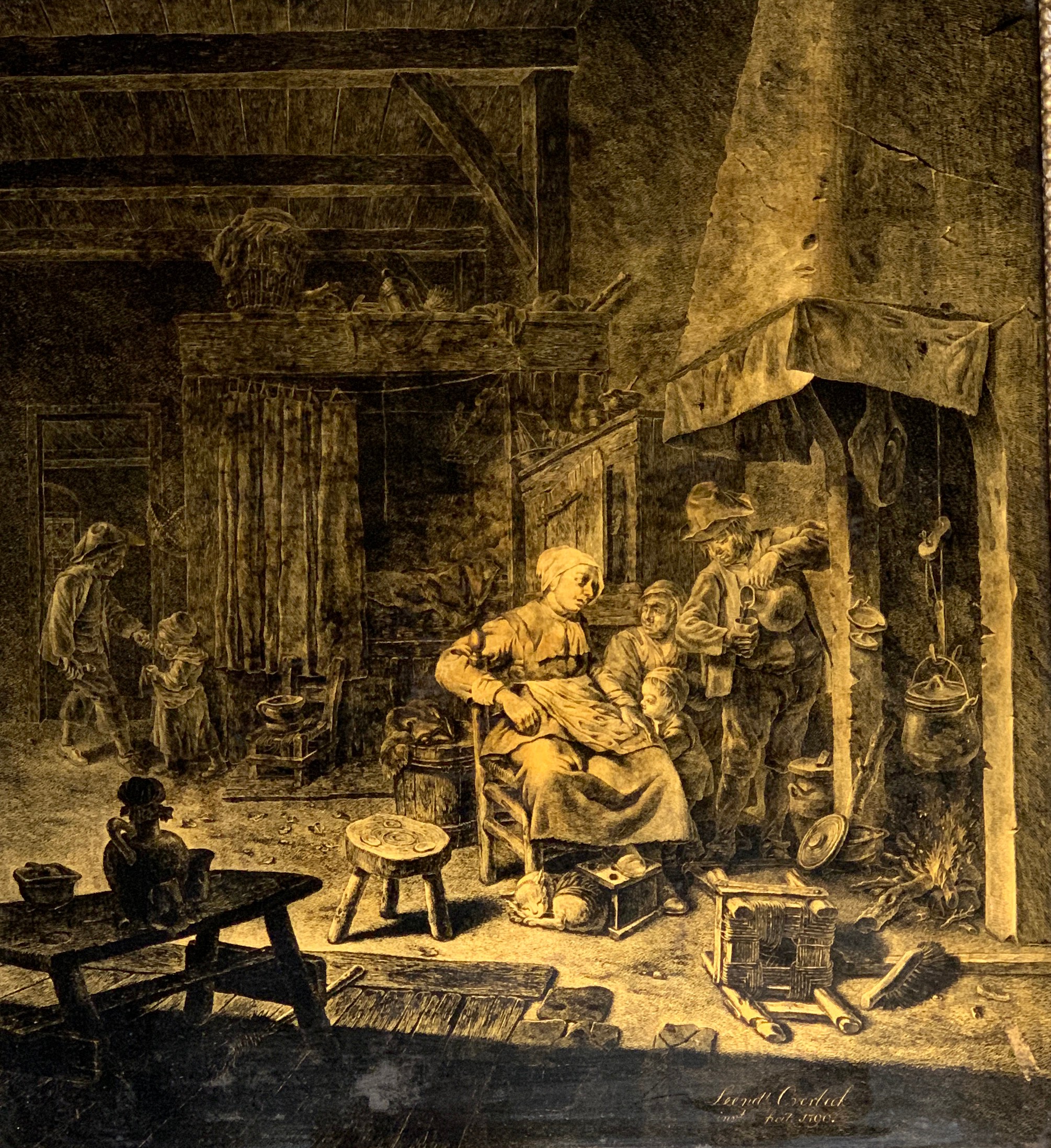 After Leendert Overbeek (Dutch, 1752-1815), the interior of a peasants hovel, with figures