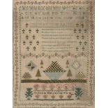 A George III alphabet and verse sampler by Anne Evans, dated 1805, 54.5cm high, 33cm wide