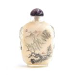 A Chinese inside painted carved rock crystal snuff bottle with amethyst stopper, one side