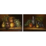 A pair of still life oil on boards of fruit, each 9x11.5cm