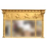 A Regency gilt gesso triptych overmantel mirror, c1815, the cavetto moulded cornice with applied
