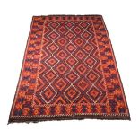 A modern kilim rug, red ground, approximately 447x295cm