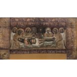A very large embroidered fabric Russian orthodox icon depicting the deposition of Christ in the