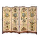 A French late 19th/early 20th century fourfold screen, the panels hand painted with cherubs,