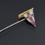 An 18ct white and yellow gold, diamond and calibre cut ruby Royal Yacht Squadron stick pin, 1.5cm