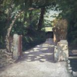 Sir George Clausen RA, RWS (1852-1944), leafy driveway, oil on artists board, signed lower left,