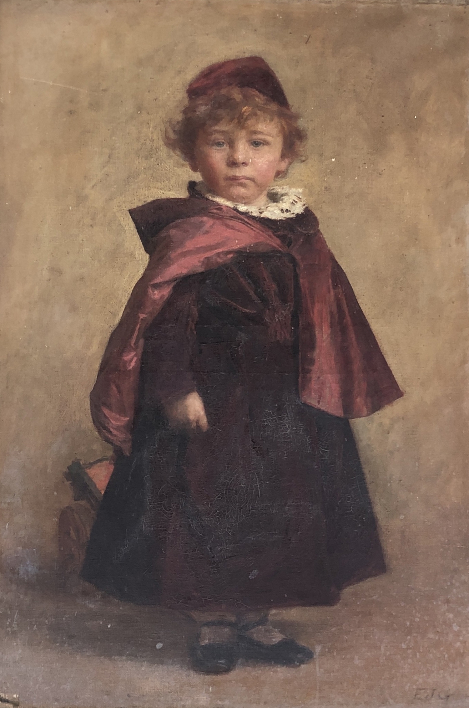 Edward John Gregory RA (1850-1909), full length portrait of a young boy in a red cloak and hat,