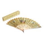 A late 19th century fan with mother of pearl handle and pierced sticks, the lace with hand painted