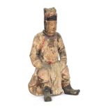 A 19th century Chinese carved wood and painted figure of a seated warrior, Fujian Province, China,