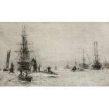 William Lionel Wyllie (British, 1851-1931), Submarines in Portsmouth Harbour, drypoint etching,