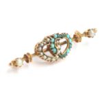 An Edwardian Murrle Bennett & Co. 9ct gold, seed pearl and turquoise bar brooch in the form of